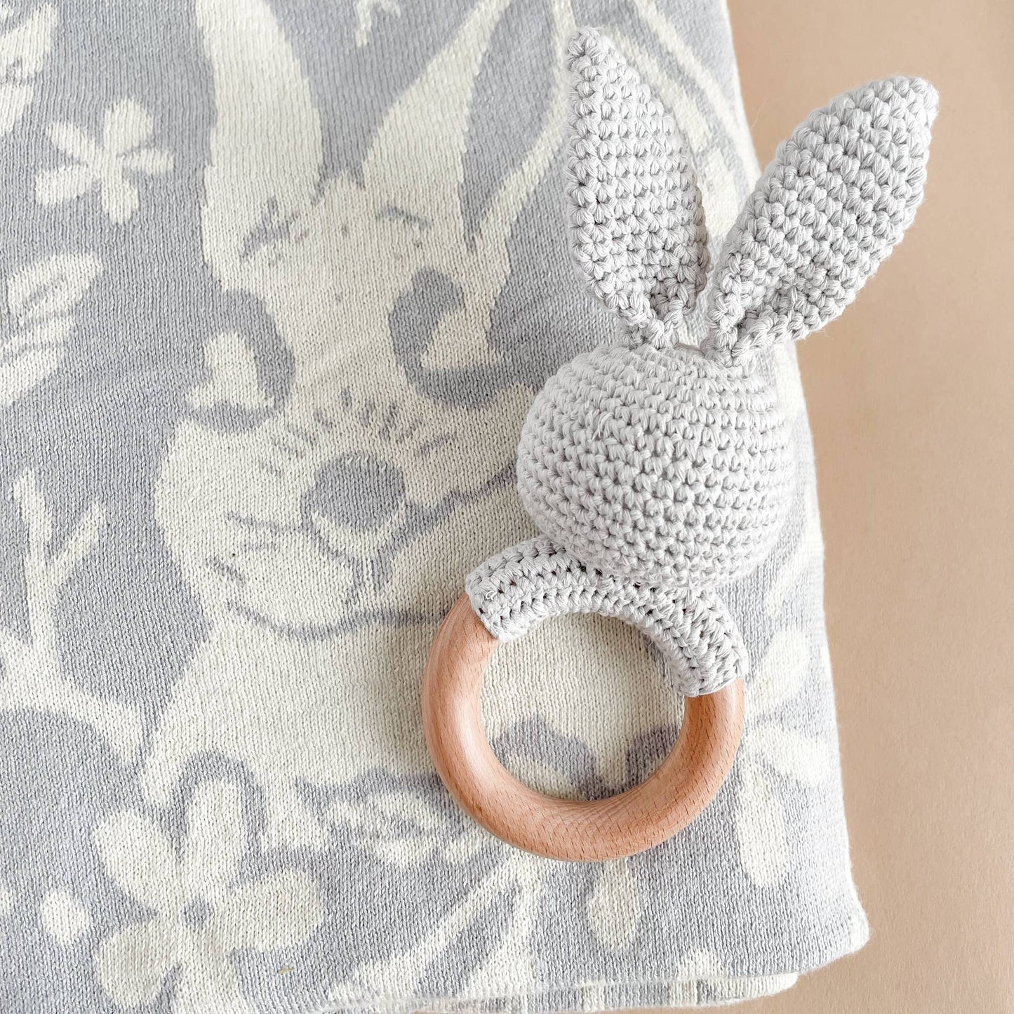 Teether Bunny Grey Cotton Rattle Baby Gift Easter Spring: Immediate