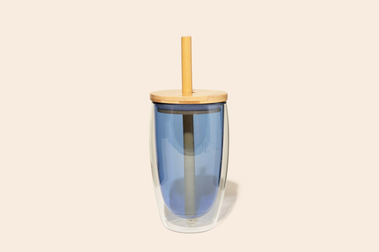 Reusable Glass Tumbler Cup + Bamboo Straw: Blue