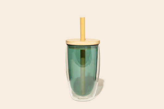 Reusable Glass Tumbler Cup + Bamboo Straw: Green