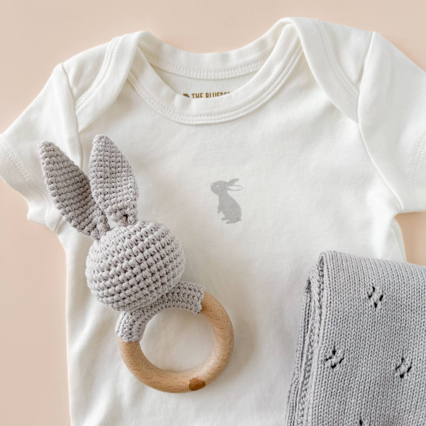 Teether Bunny Grey Cotton Rattle Baby Gift Easter Spring: Immediate