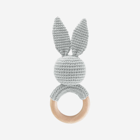 Teether Bunny Grey Cotton Rattle Baby Gift Easter Spring: Immediate