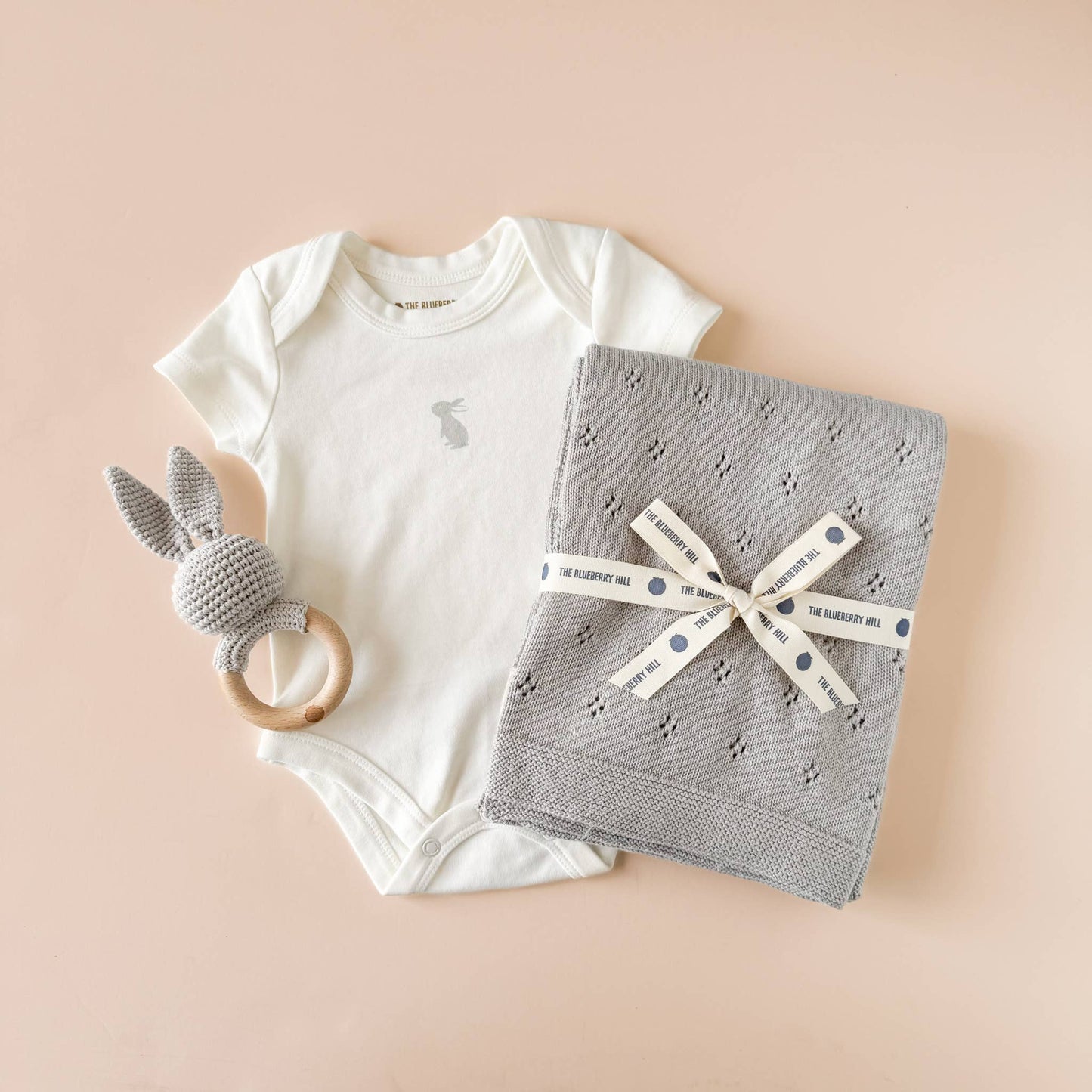 Teether Bunny Grey Cotton Rattle Baby Gift Easter Spring: Immediate