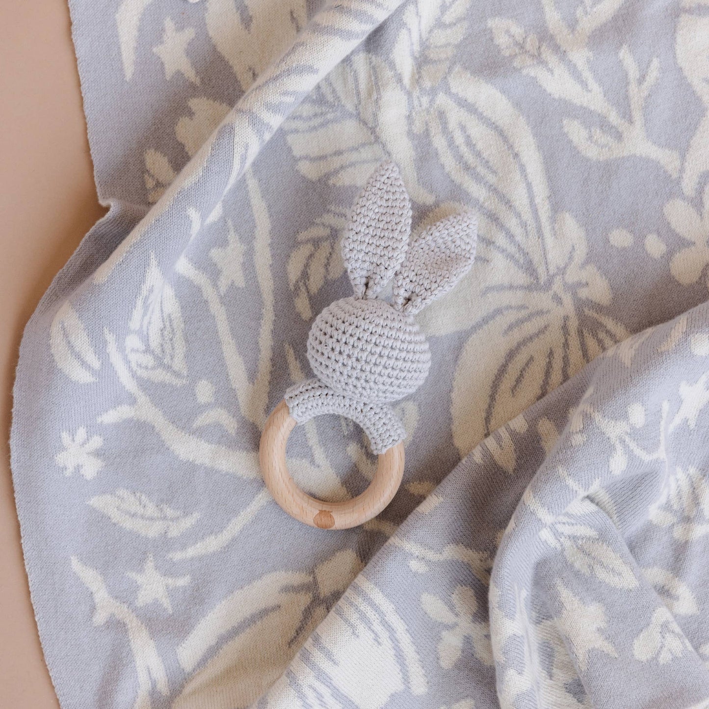 Teether Bunny Grey Cotton Rattle Baby Gift Easter Spring: Immediate